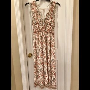 Floral Smocked Waist V Neck Sleeveless Midi Dress